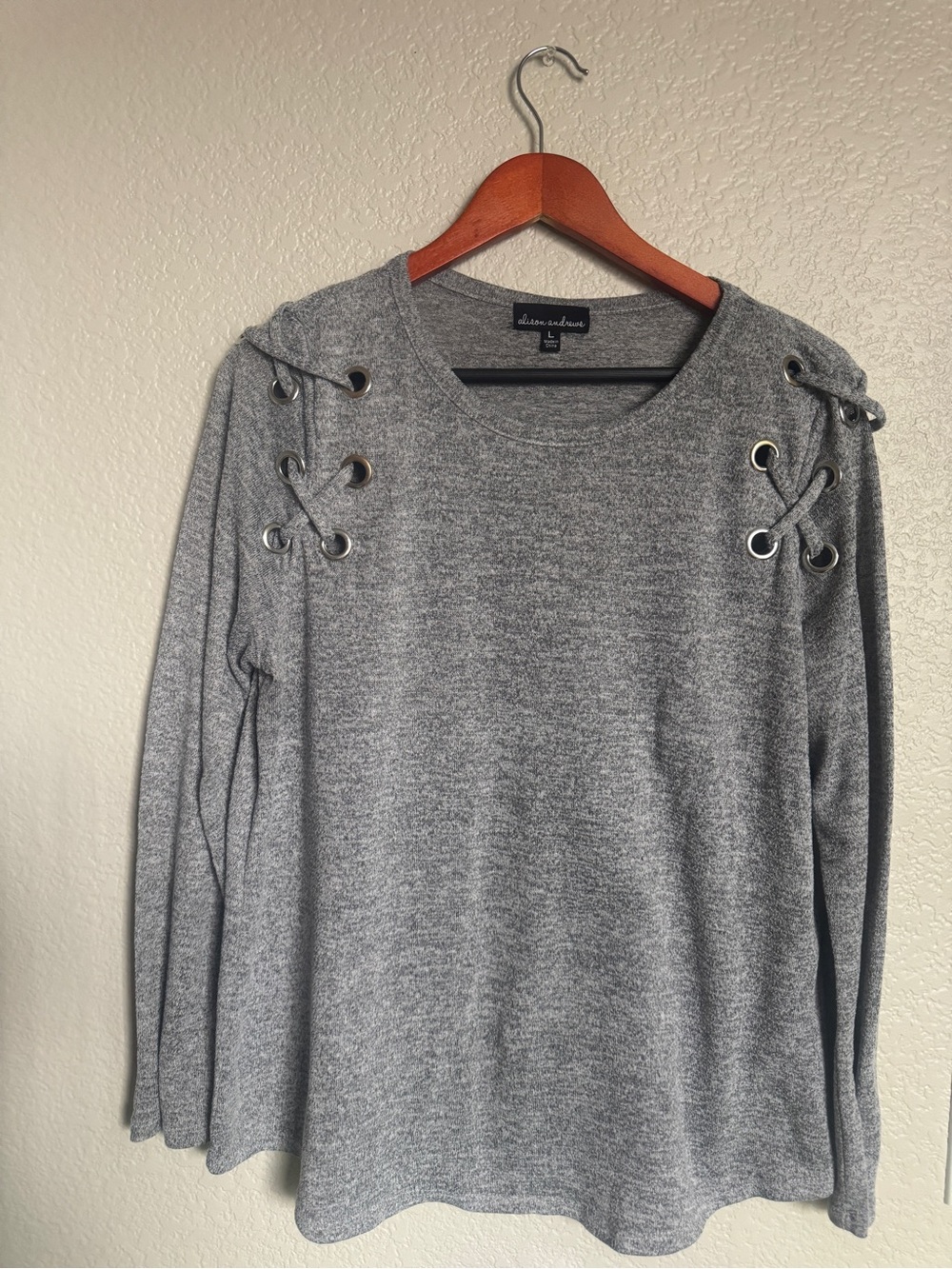 Alison Andrews Heather Gray Lace-Up Shoulder Long Sleeve Knit Top Size L